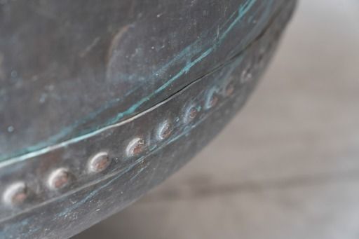 photo for sale Antique Copper Cauldron With Iron Base, With Decorations, 1800s Design Period 1800s