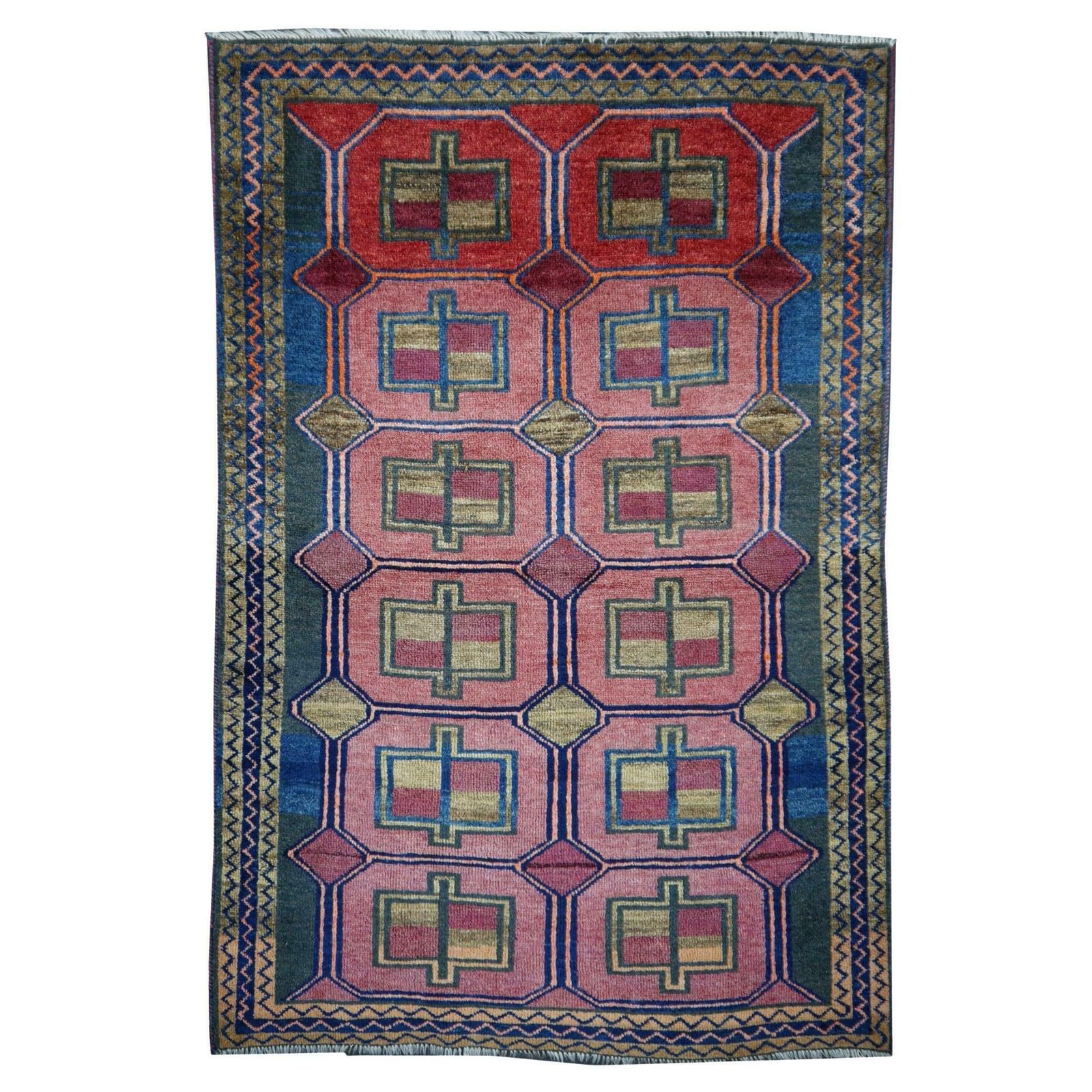Vintage Rug Kurdish Turkish Hand Knotted Tribal Carpet Blue, Violet, Red, Green