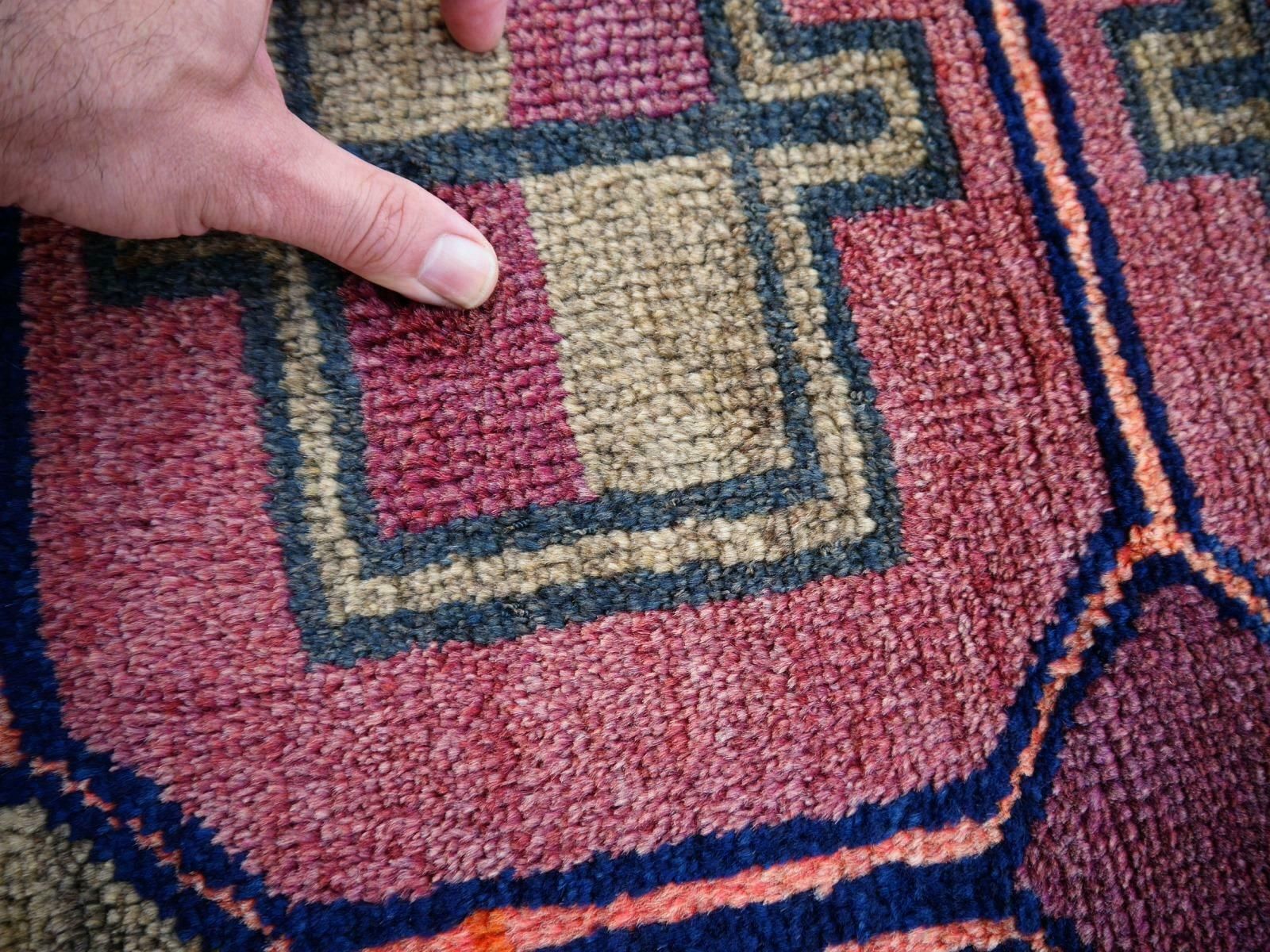 Vintage Rug Kurdish Turkish Hand Knotted Tribal Carpet Blue, Violet, Red, Green photo Textiles