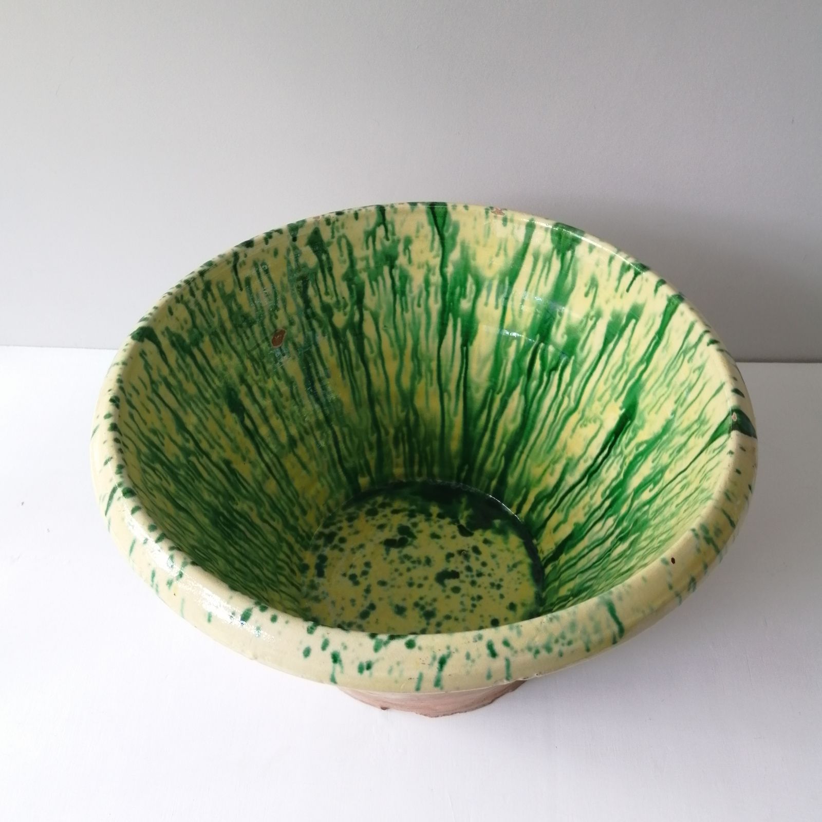 photo furniture Antique Italian Passata /Dairy Bowl Drip Glaze 1900s  Puglia Italy