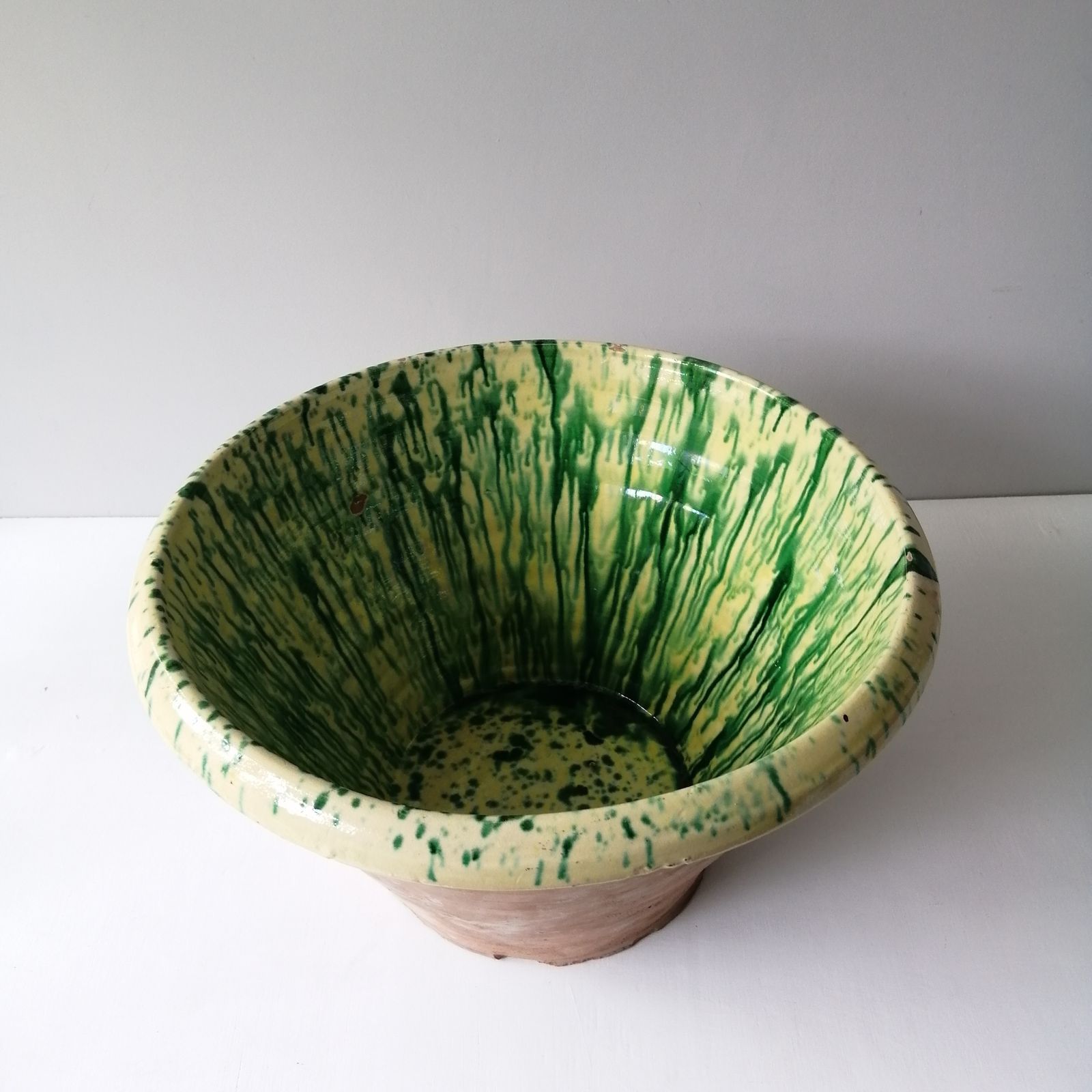 319.98 Antique Italian Passata /Dairy Bowl Drip Glaze 1900s  Puglia Italy photo