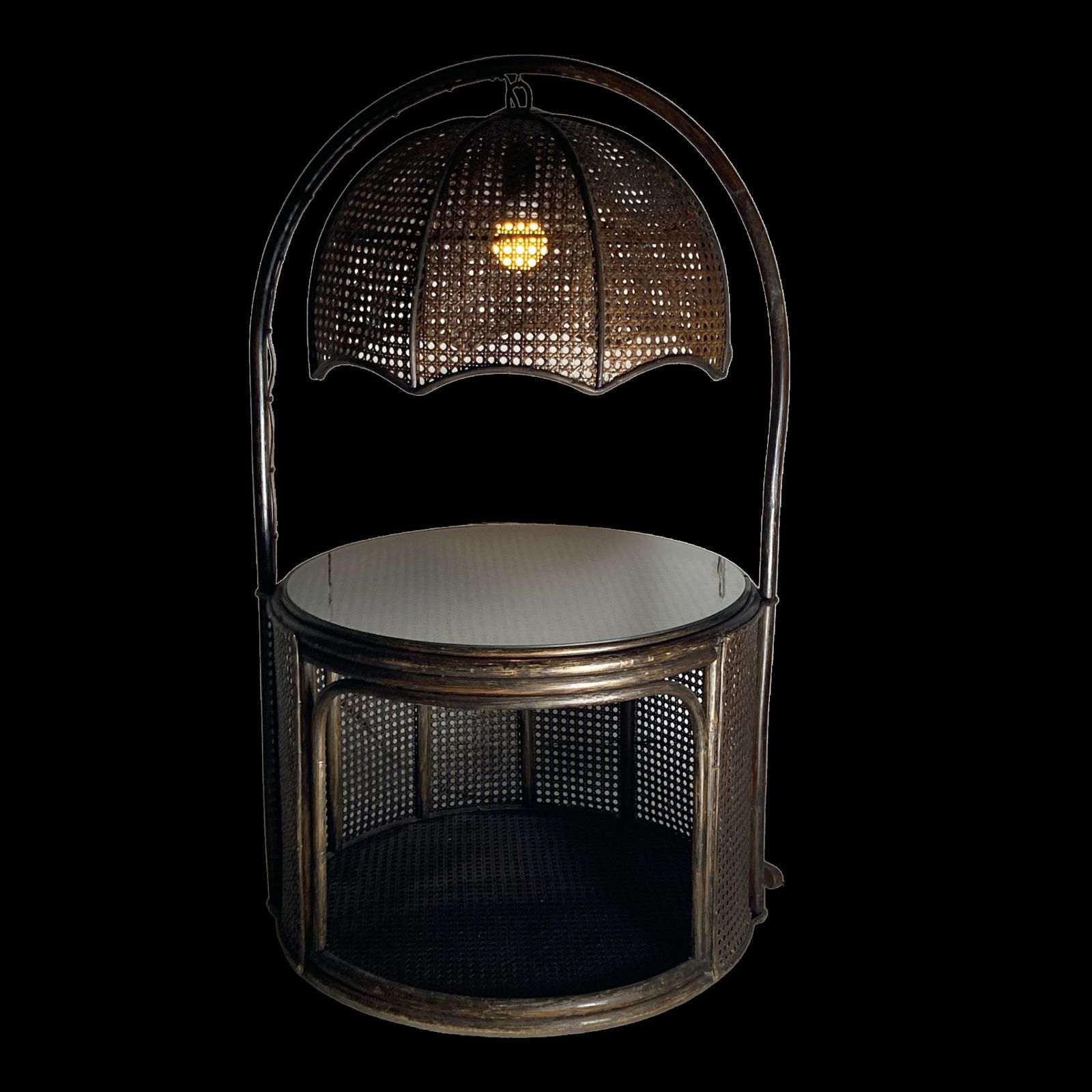 Faux Bamboo Rattan Webbing Side Table With Integrated Hanging Lamp, Dutch 1960s 1970s photo furniture