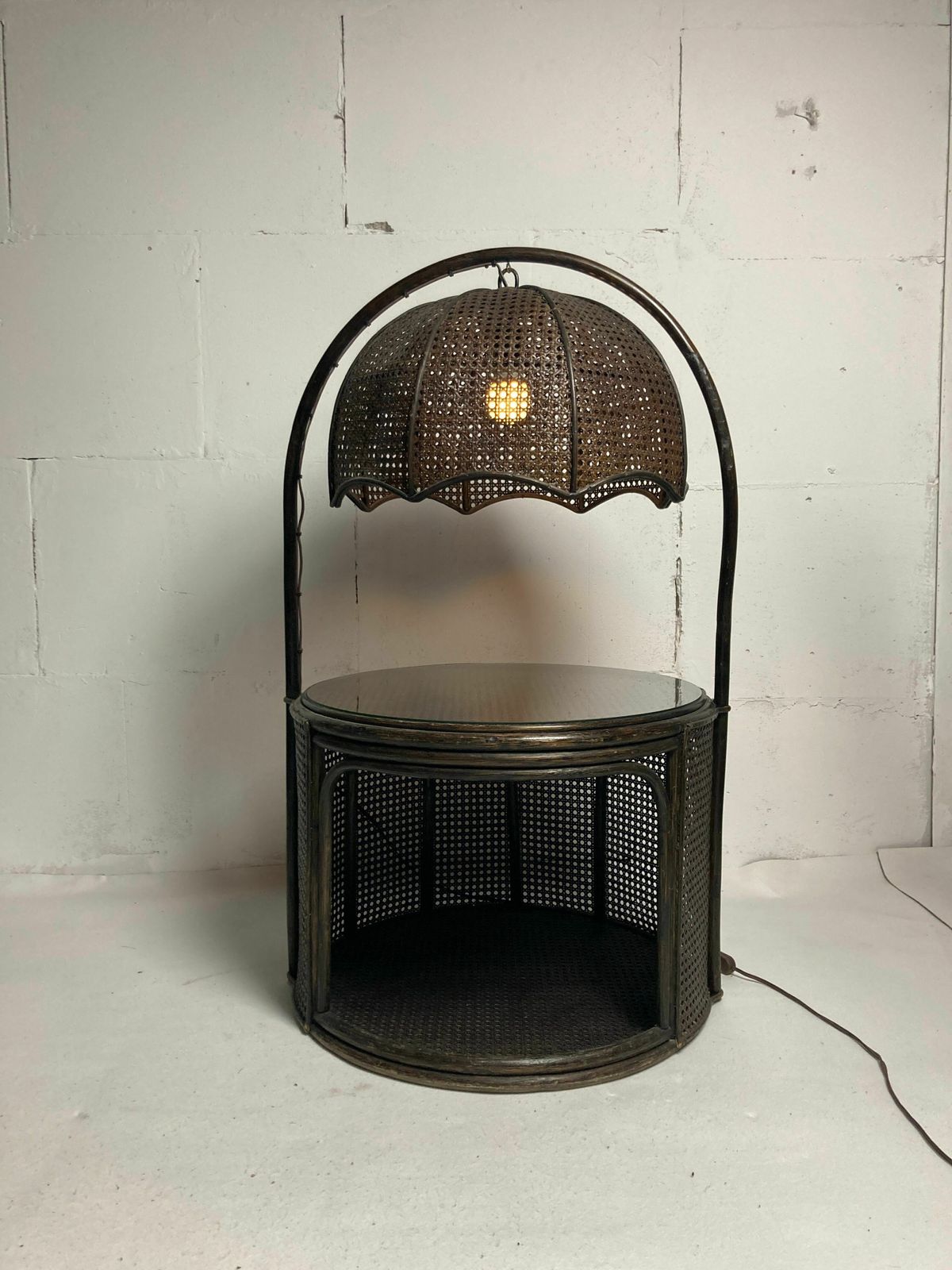 Faux Bamboo Rattan Webbing Side Table With Integrated Hanging Lamp, Dutch 1960s 1970s photo buy