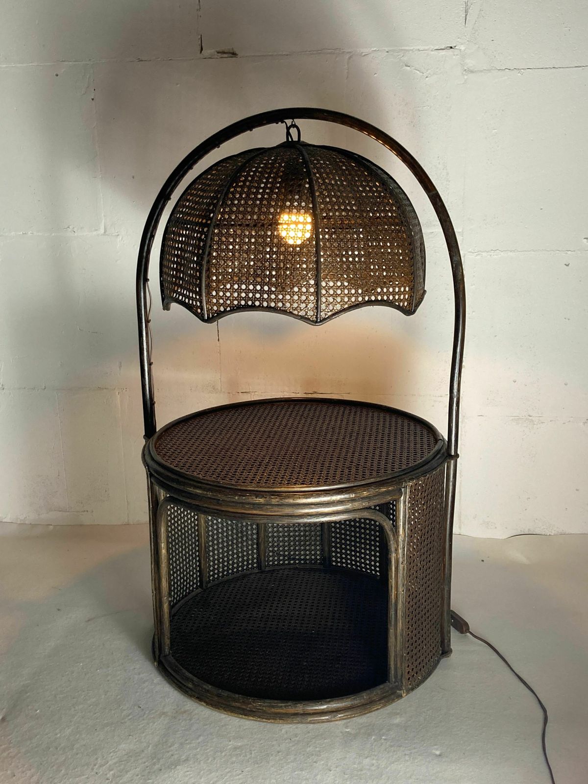 Furniture Faux Bamboo Rattan Webbing Side Table With Integrated Hanging Lamp, Dutch 1960s 1970s photo