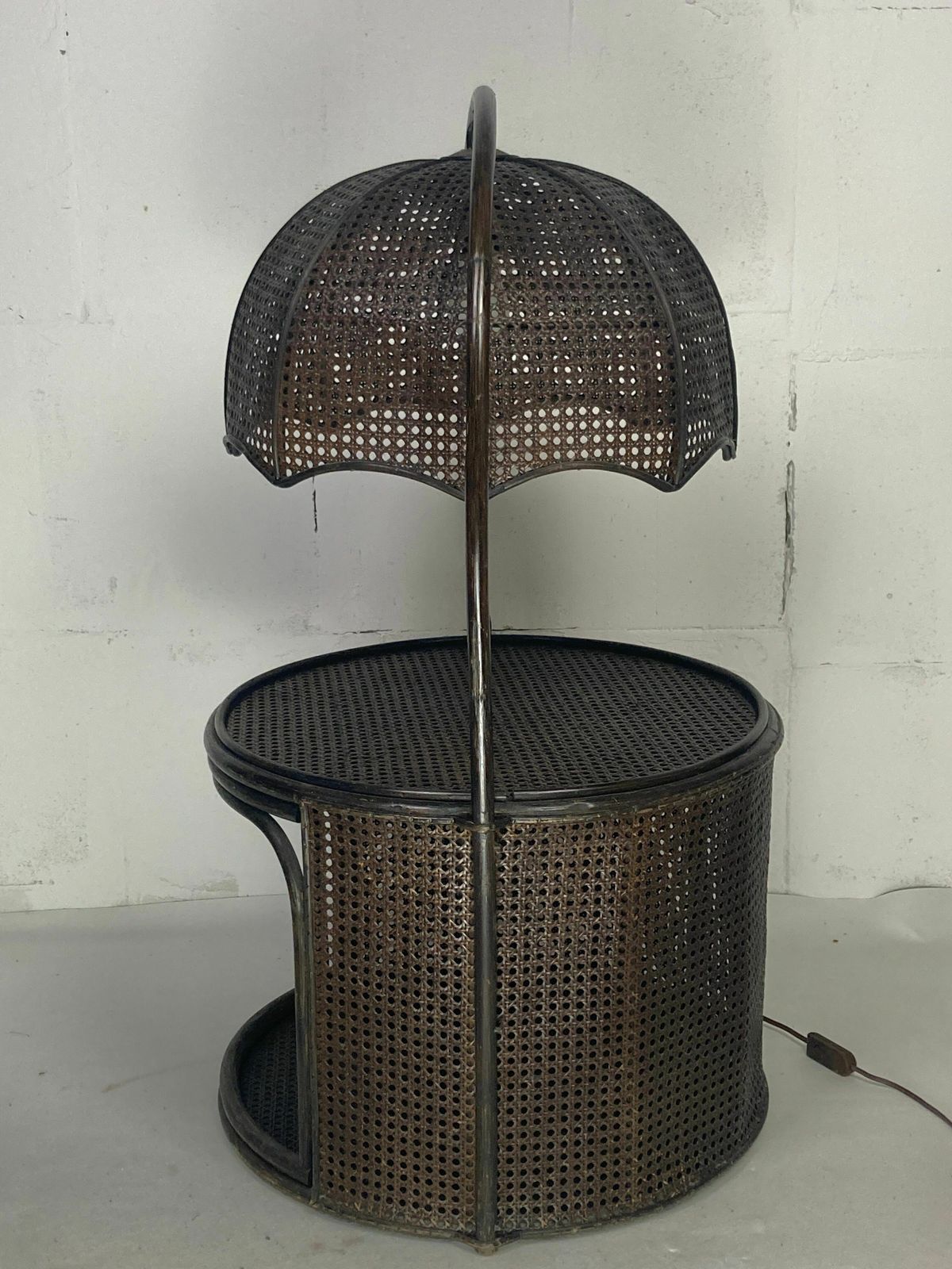 529.0 Faux Bamboo Rattan Webbing Side Table With Integrated Hanging Lamp, Dutch 1960s 1970s photo
