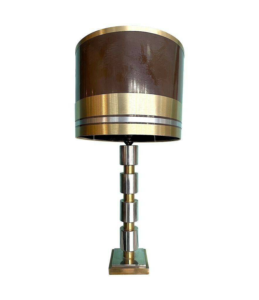A Large Italian 1970s Chrome And Brass Lamp With Orignal Chocolate And Brass Shade. photo for sale