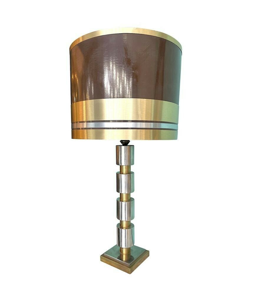 A Large Italian 1970s Chrome And Brass Lamp With Orignal Chocolate And Brass Shade. photo Lighting