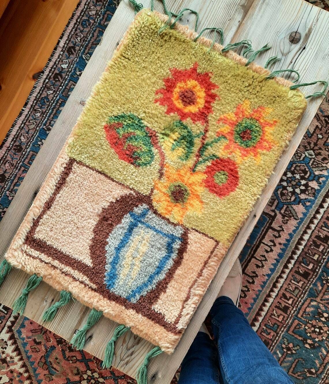 photo furniture Small Vintage Latch Hook Wall Tapestry With Sunflower Design, Bohemian Hand Made Wall Hanging Rug With Still Life Decor, Textile Wall Art