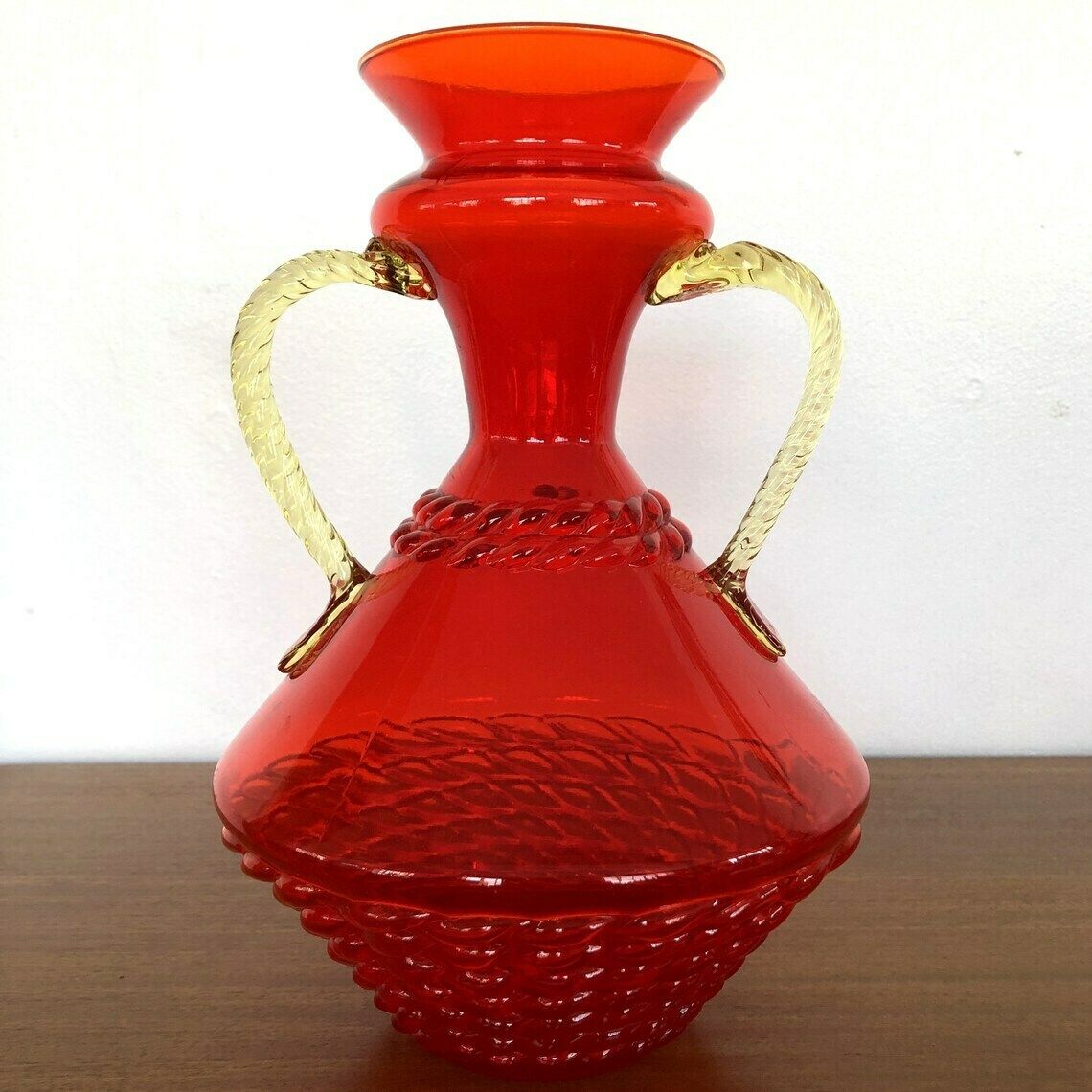 Mid Century Italian Red Glass Vase Basketweave Texture Amber Handles Empoli 60's