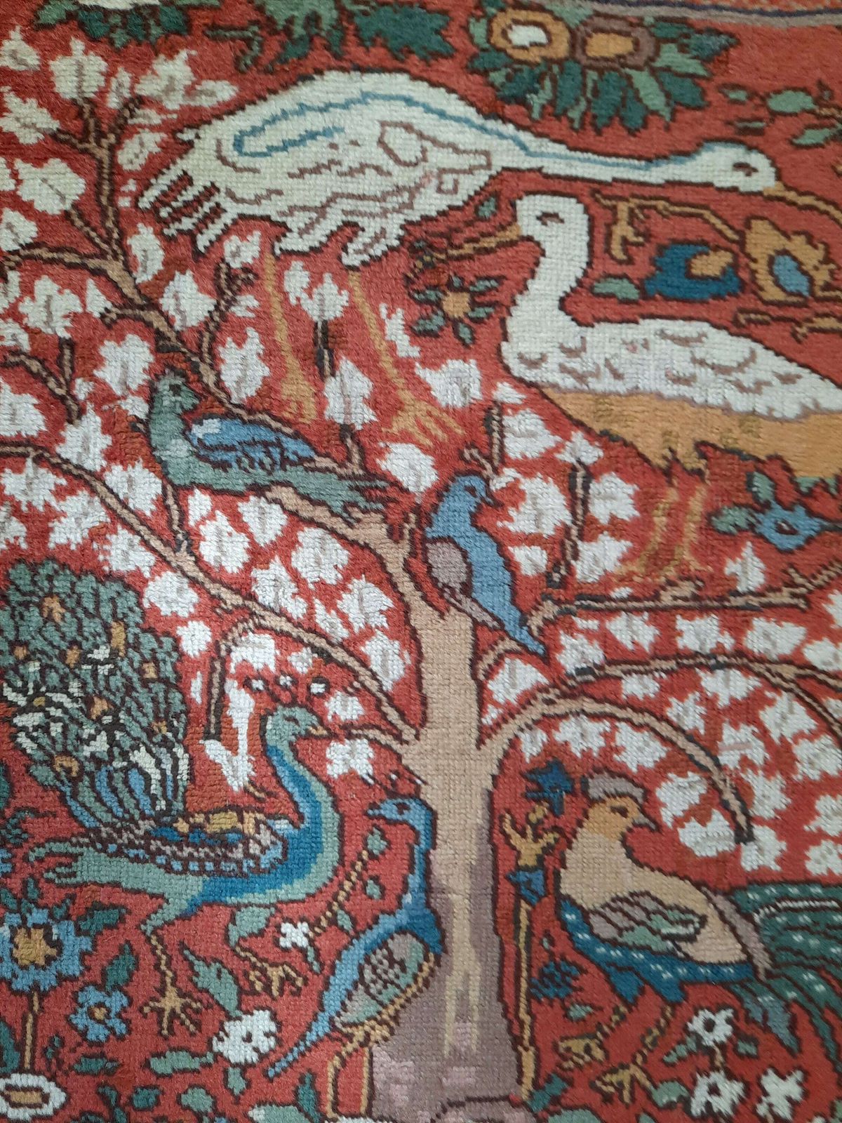photo furniture Fine Turkish Wool Rug With Birds And Tree Of Life Design In Orange And Green, Wall Tapesdtry With Birds