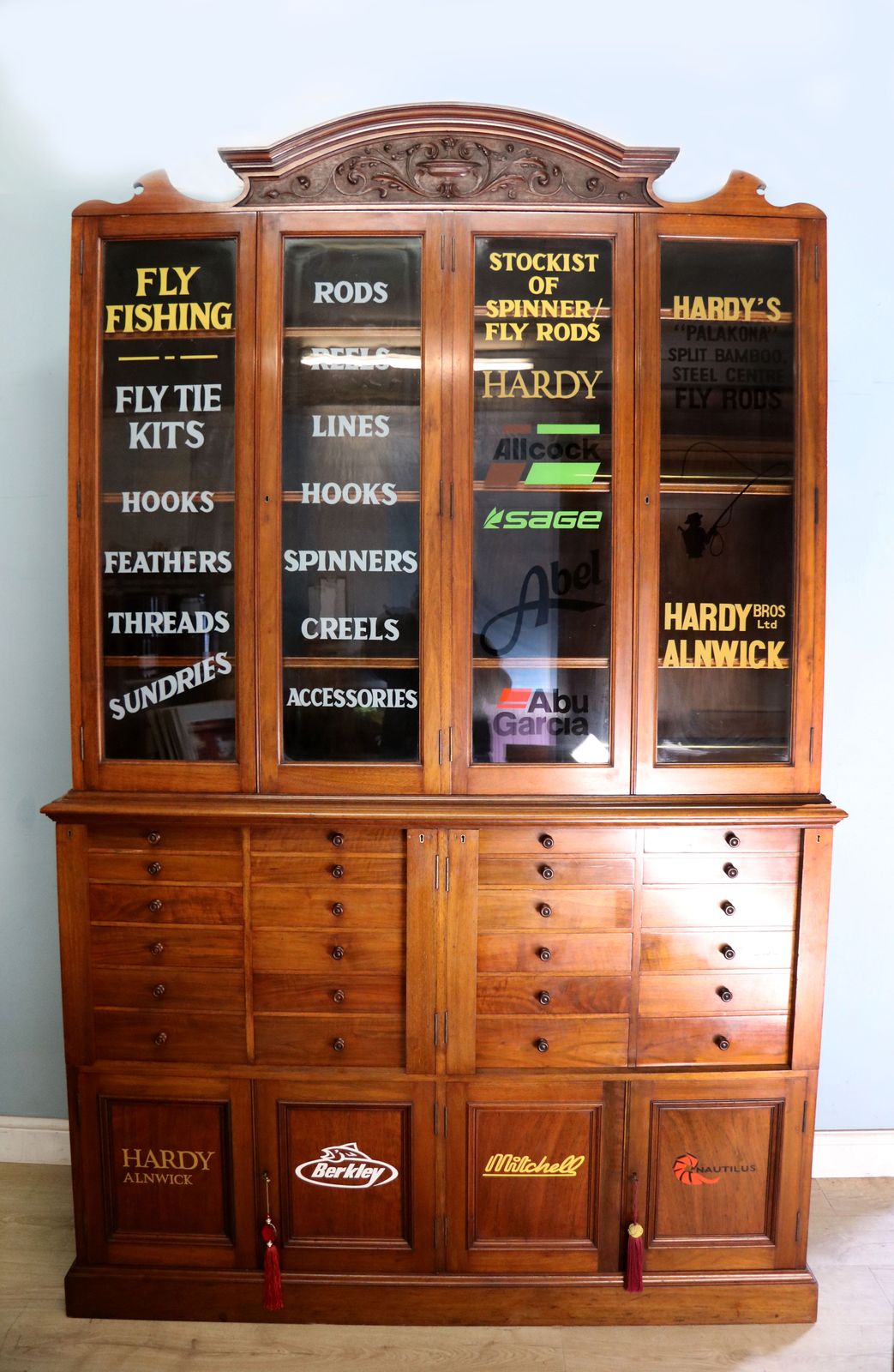 A Victorian American Solid Walnut Shop Cabinet, Later Sign Written For Use In Fishing Supplies Shop.