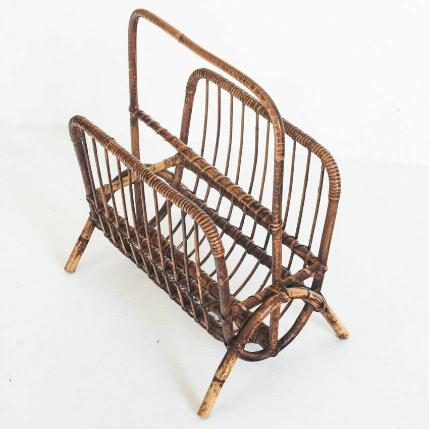 Vintage Rattan Magazine Holder, France 1960 photo for sale
