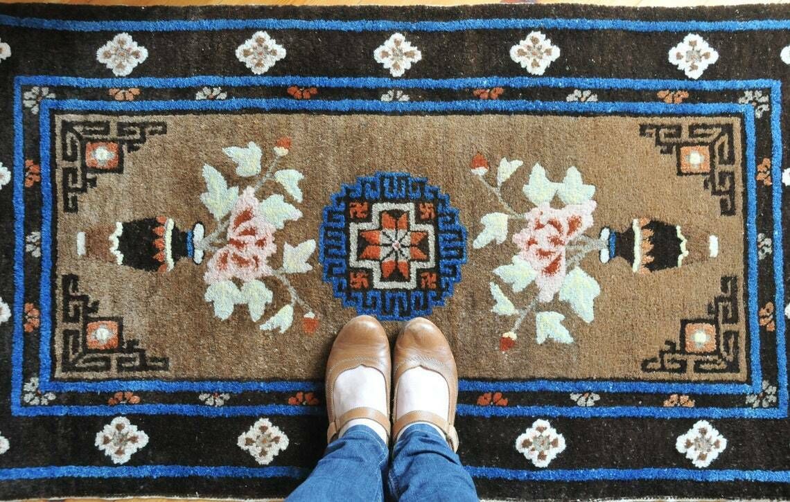 Vintage Chinese Art Deco Rug In Blue And Brown / Small Antique Peking Bathroom And Bedroom Rug Mat Cas139