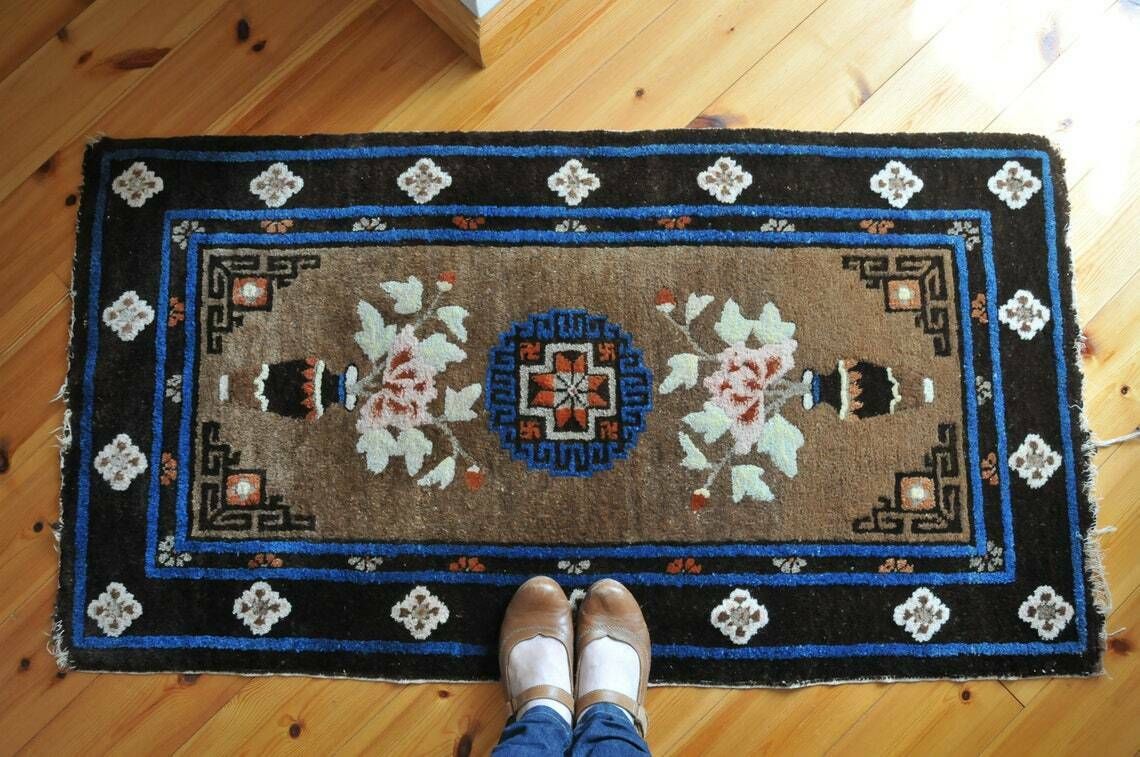 Vintage Chinese Art Deco Rug In Blue And Brown / Small Antique Peking Bathroom And Bedroom Rug Mat Cas139 photo furniture