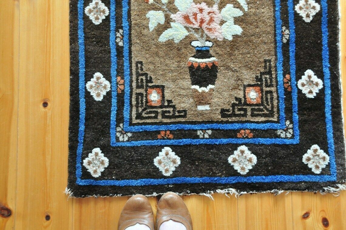 Vintage Chinese Art Deco Rug In Blue And Brown / Small Antique Peking Bathroom And Bedroom Rug Mat Cas139 photo 532.0