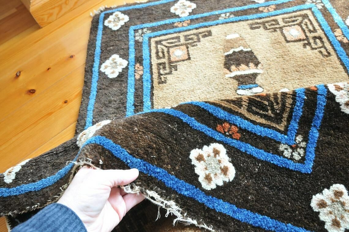 Vintage Chinese Art Deco Rug In Blue And Brown / Small Antique Peking Bathroom And Bedroom Rug Mat Cas139 photo vintage