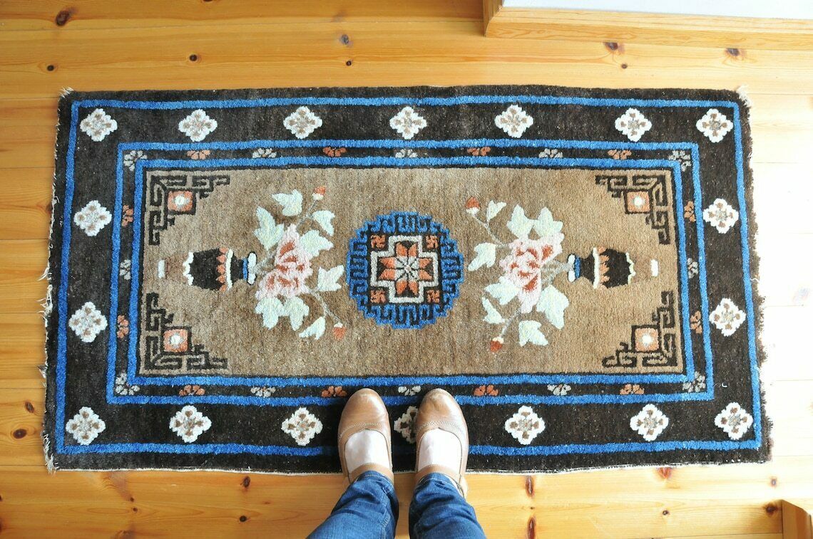 photo for sale Vintage Chinese Art Deco Rug In Blue And Brown / Small Antique Peking Bathroom And Bedroom Rug Mat Cas139