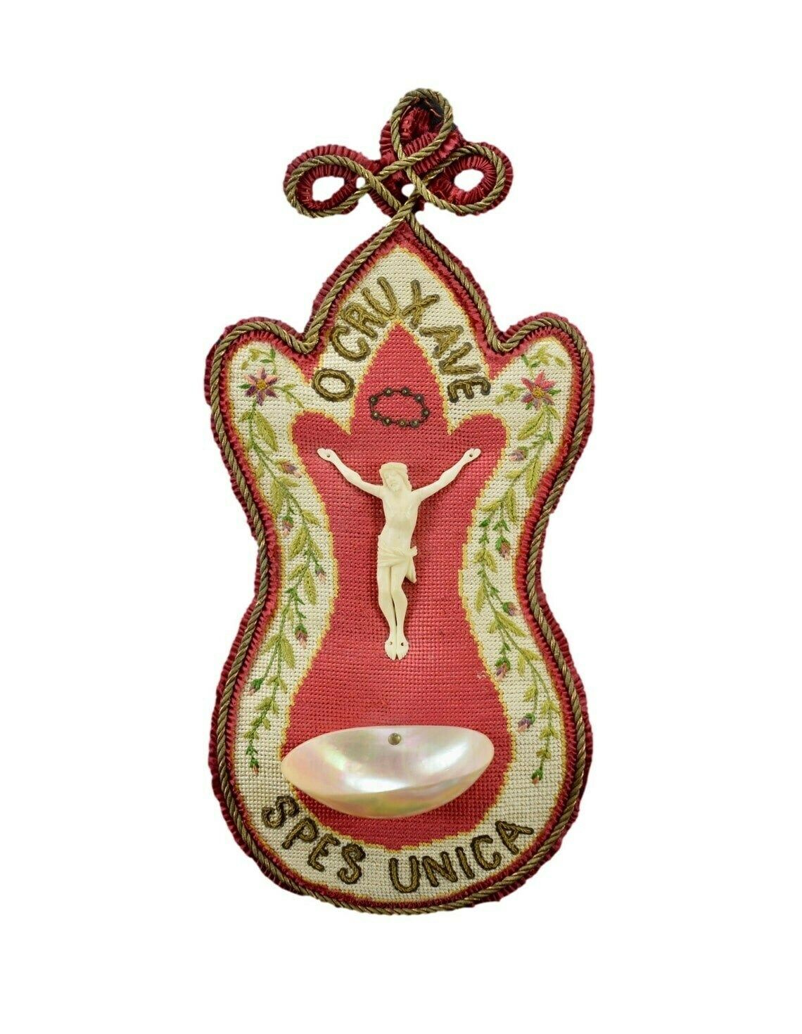 Folk Art Needlepoint Holy Water Font For Wall Carved Jesus Crucifix