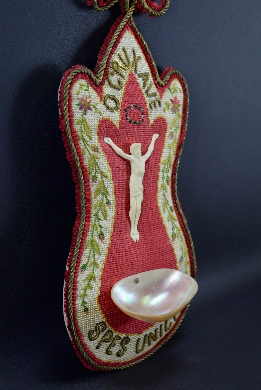 Folk Art Needlepoint Holy Water Font For Wall Carved Jesus Crucifix photo for sale