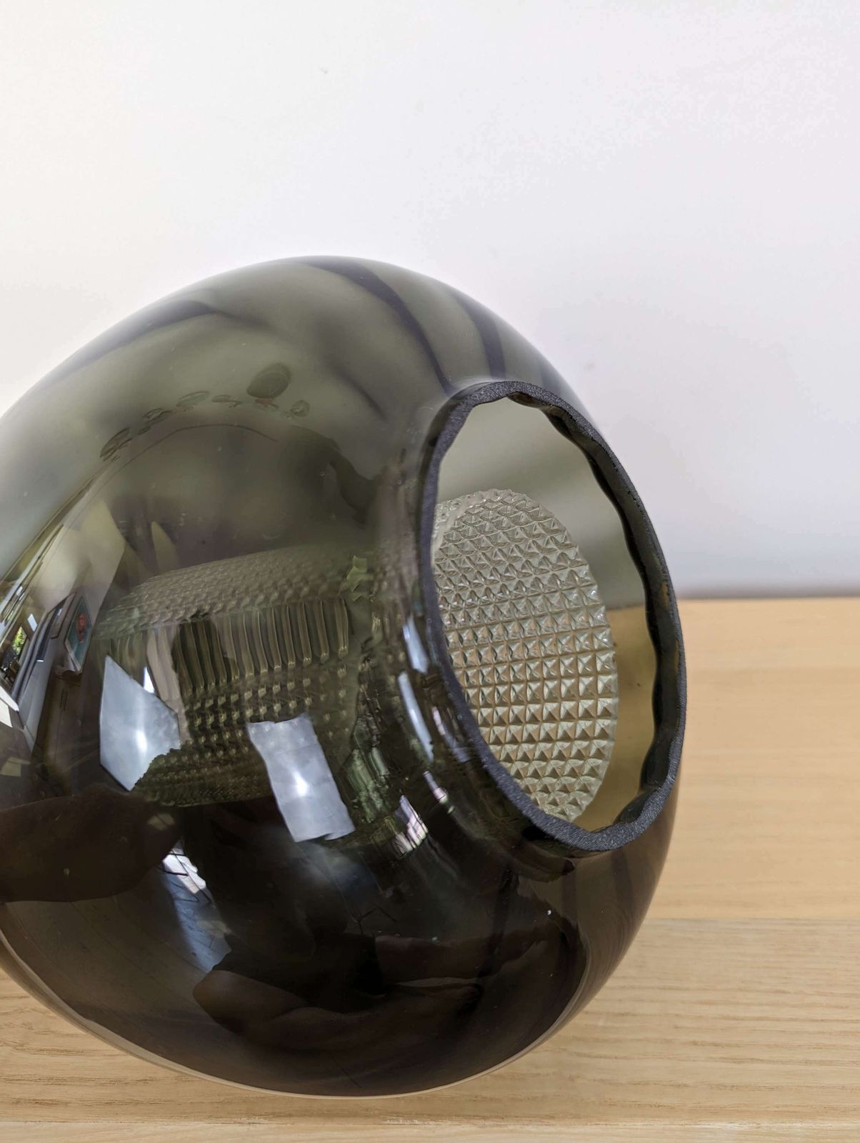 Mid Century Lampshade In Smoked Glass, With A Cut Glass Interior And Copper Top. photo furniture