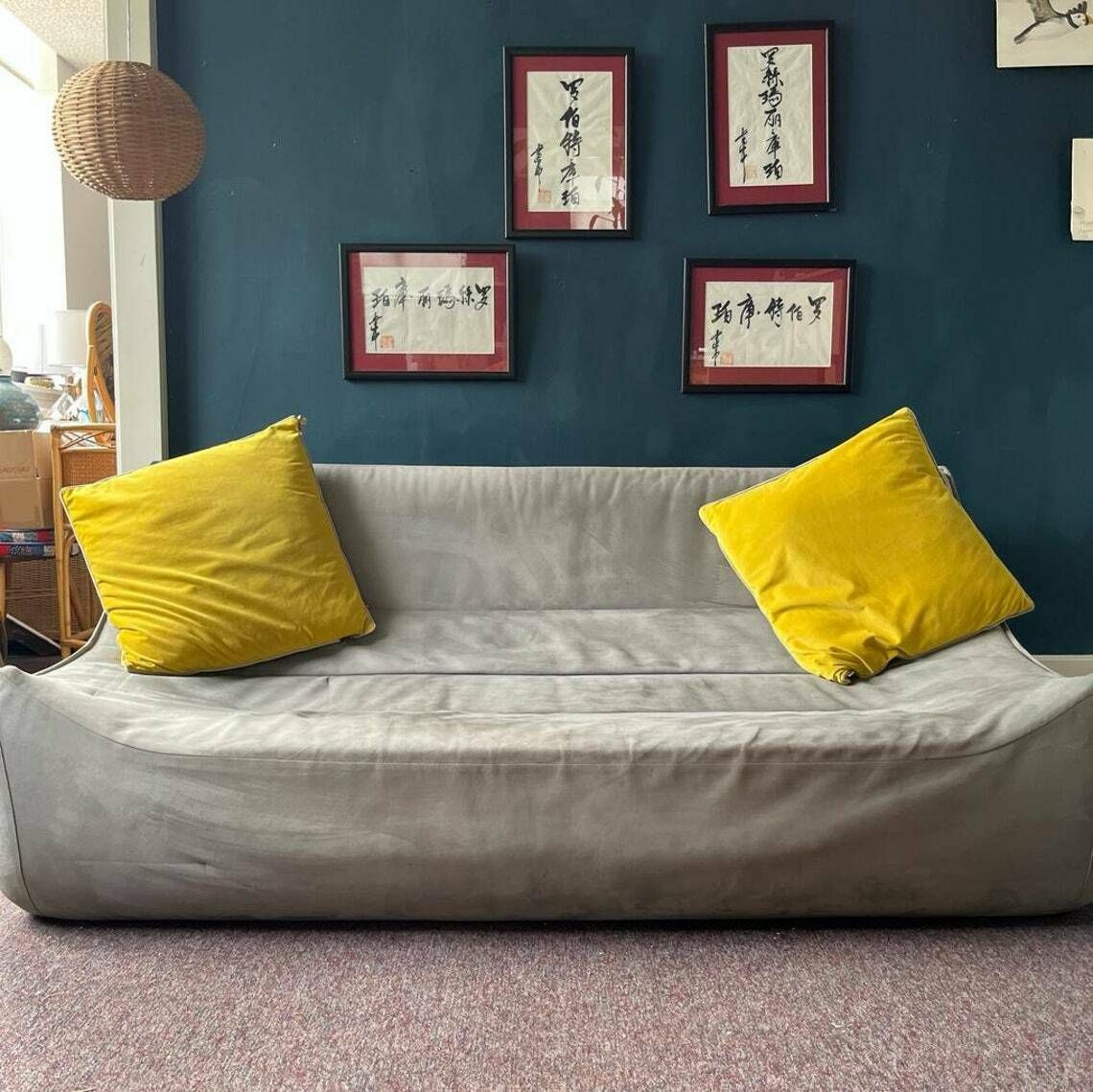 French Ligne Roset Pale Blue Suede Settee photo 2500.0