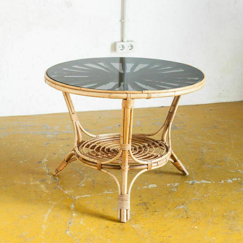 Vintage Side Table In Rattan And Smoked Glass, France 1970 photo furniture