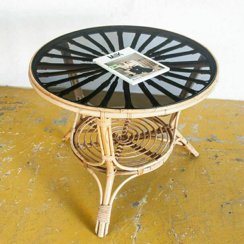 Vintage Side Table In Rattan And Smoked Glass, France 1970 photo Furniture
