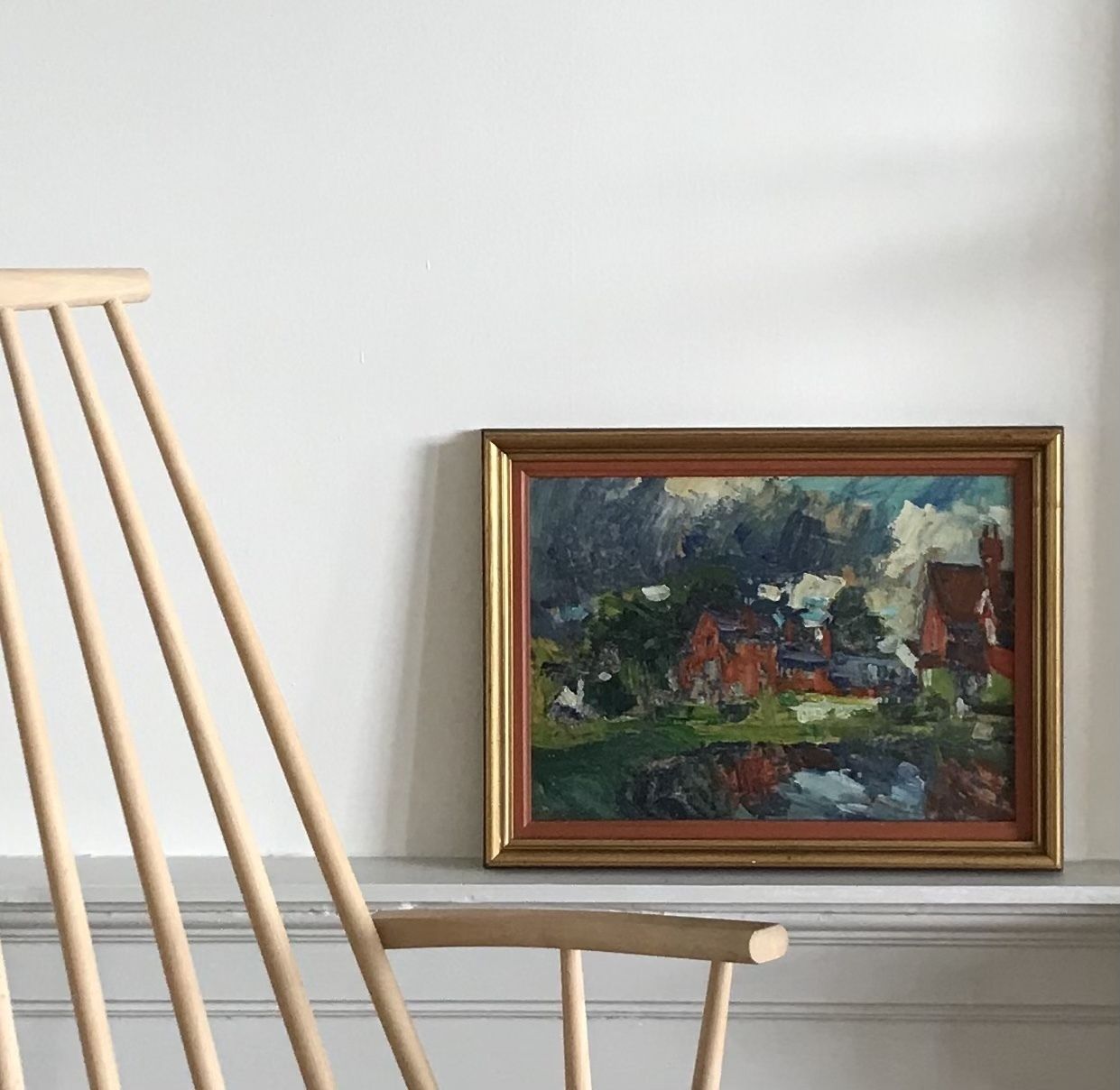 Naive Original Oil On Board Painting Of Arts And Crafts Red Brick Buildings photo for sale