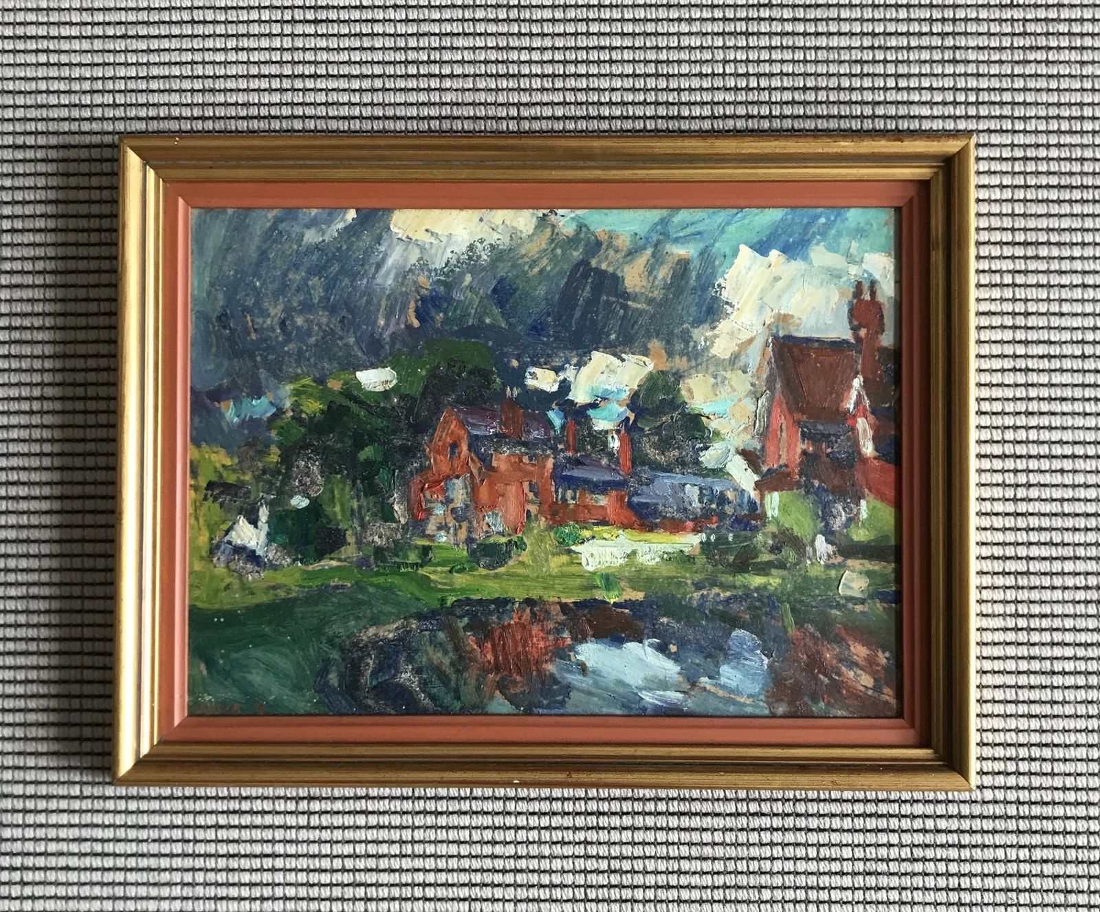 80.0 Naive Original Oil On Board Painting Of Arts And Crafts Red Brick Buildings photo