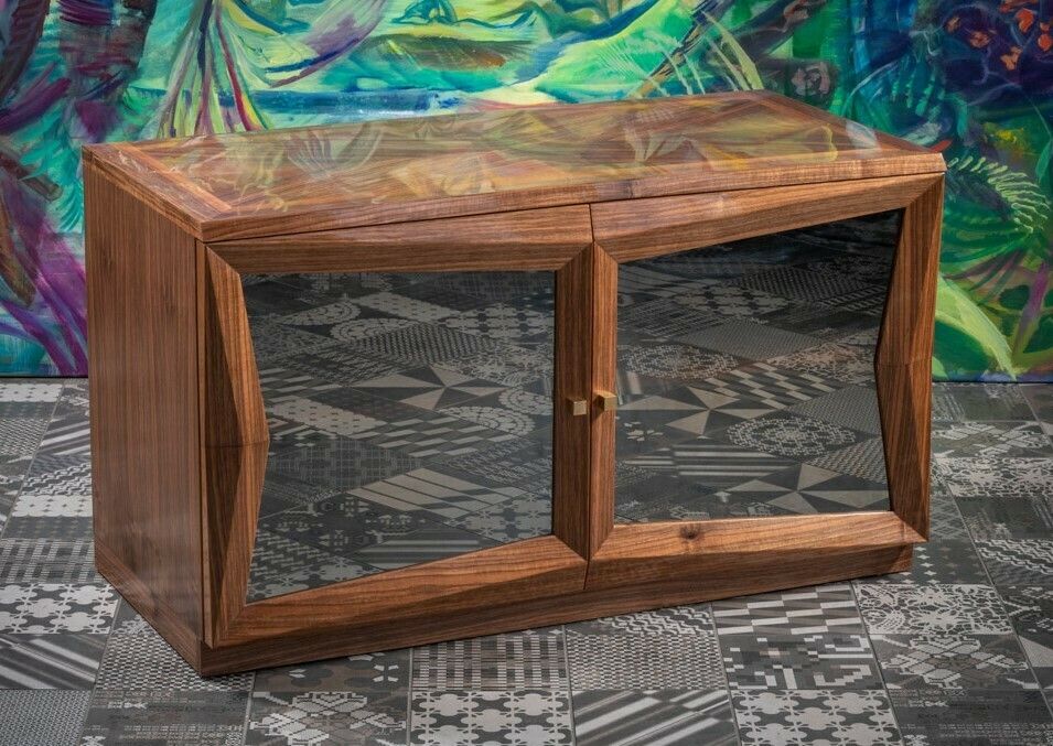 Wood And Glass Cubist Walnut Cabinet With Glass Door
