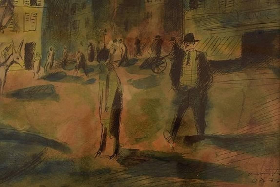 Mogens Vantore "Scenery From Paris", Crayon, Pencil And Watercolor On Paper photo for sale