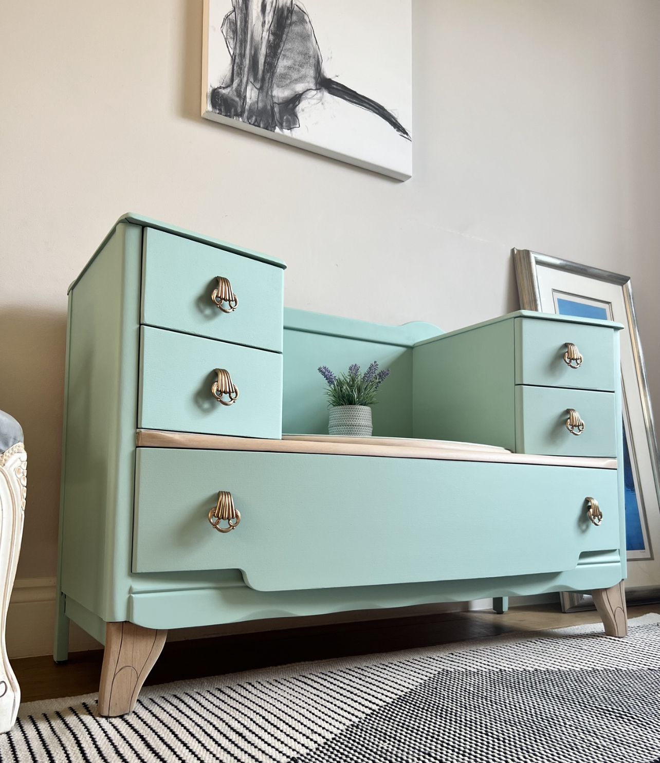 Rare Harris Lebus Vintage Dressing Table  Painted Tide Pool Green Blue photo for sale