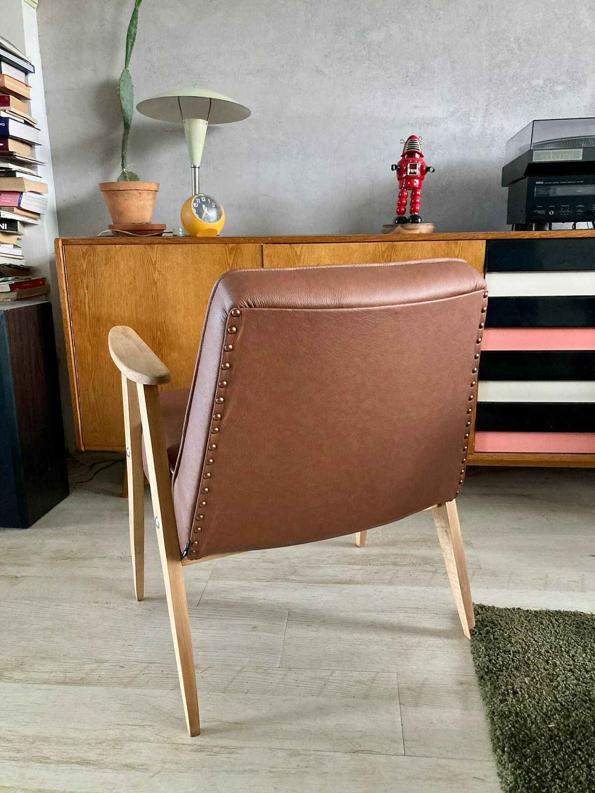 Original Vintage 366 Chair From 60s Covered In Genuine Italian Leather. Designed By J. Chierowski photo Furniture