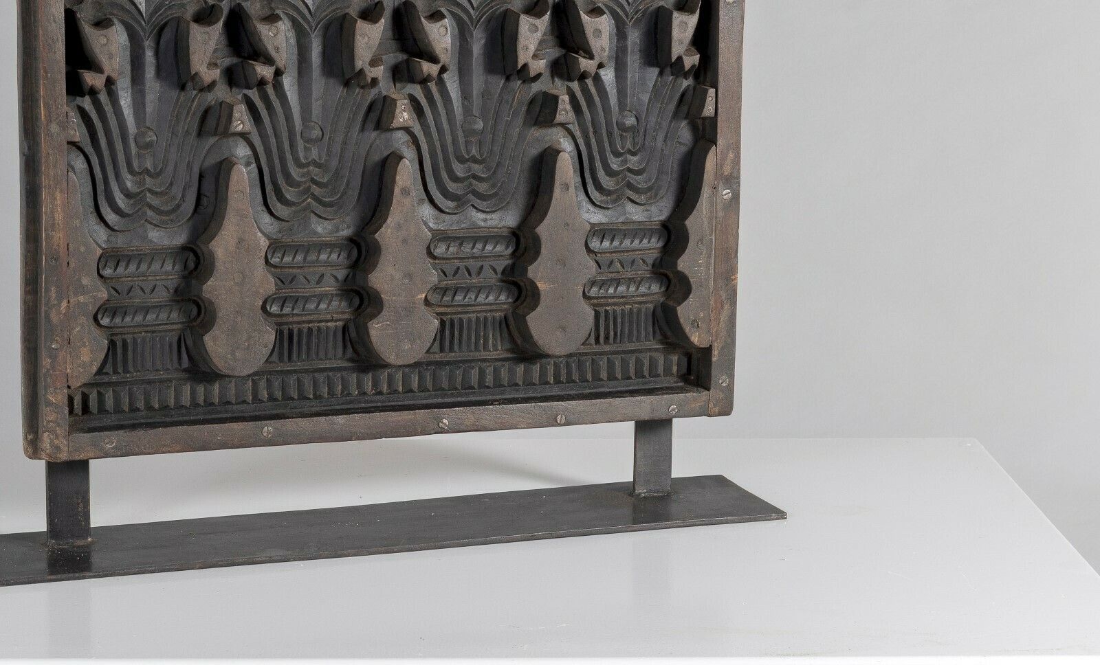 Large Scale Mid Century Carved Sculptural Wooden Shelf Art On Heavy Steel Base photo buy