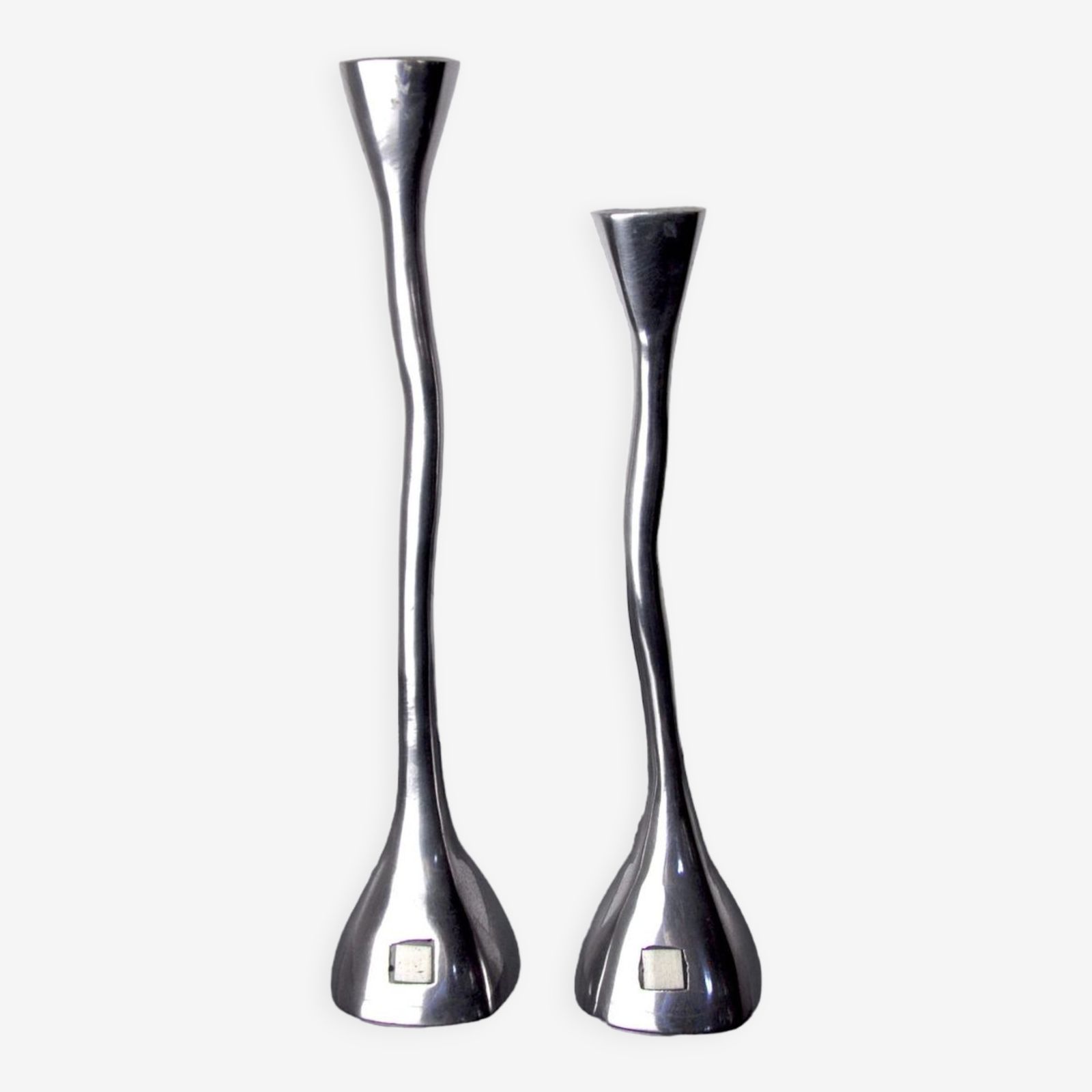 Pair Of Zigzag Candle Holders, Solid Aluminum And Polished Stone, Art3, Spain, 1970