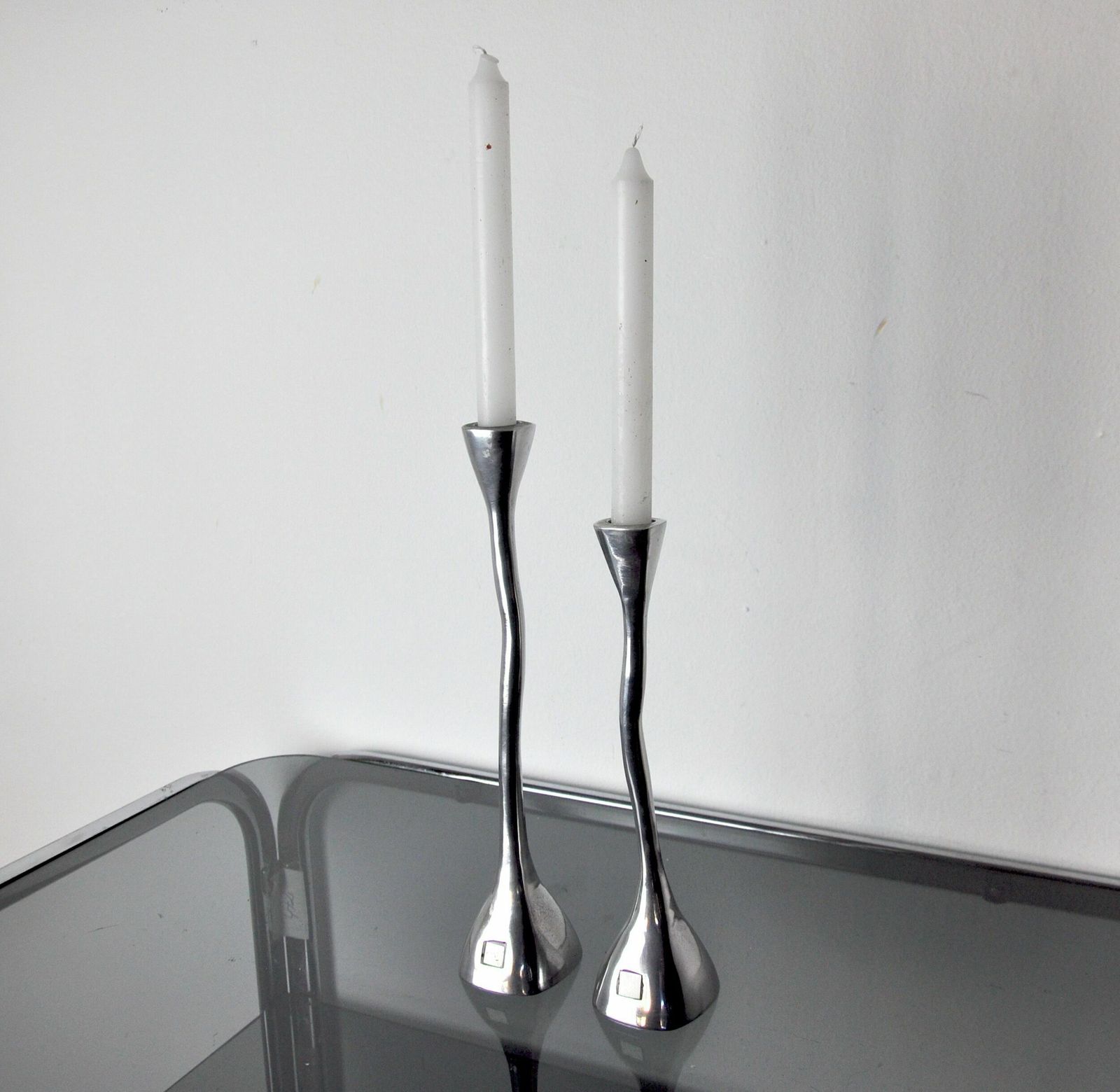 Pair Of Zigzag Candle Holders, Solid Aluminum And Polished Stone, Art3, Spain, 1970 photo 895.0