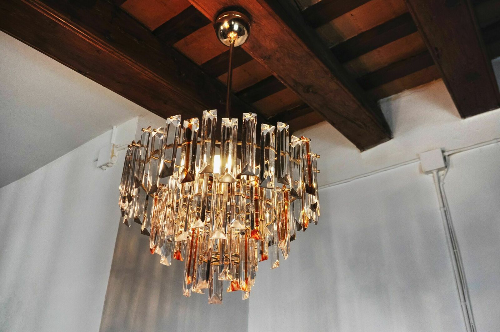 photo for sale Venini Two Tone Chandelier, 3 Levels, Murano Glass, Italy, 1970