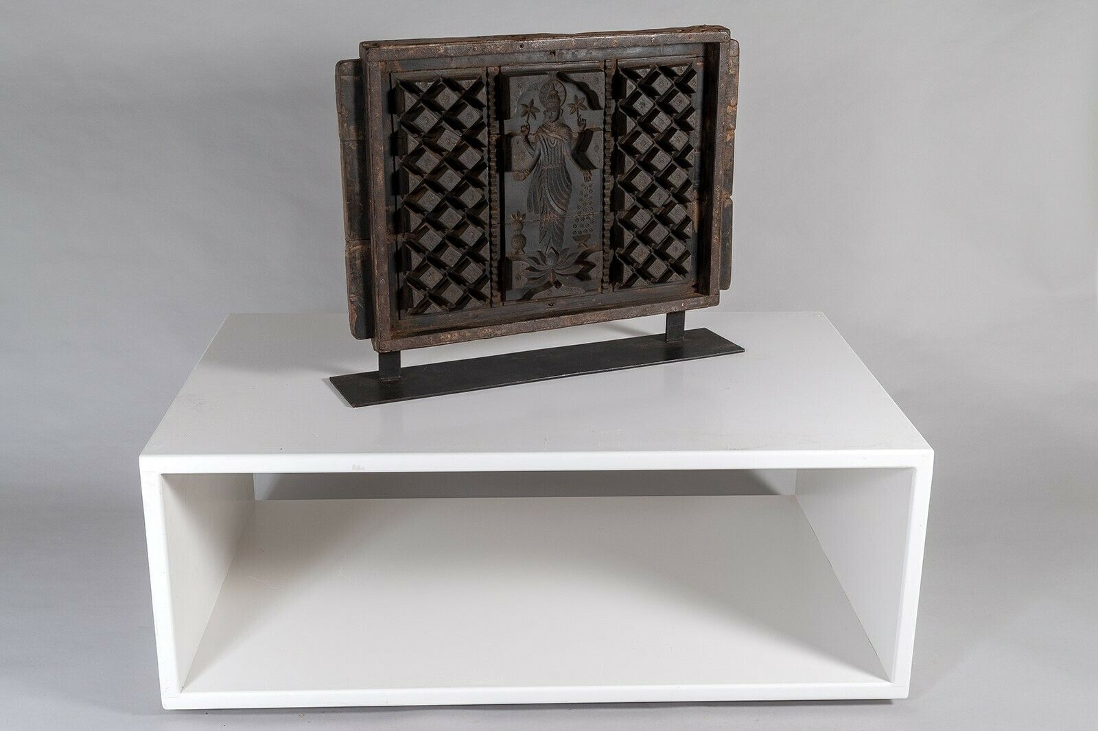 Mid Century Large Scale Carved Sculptural Wooden Shelf Art On Steel Base photo furniture