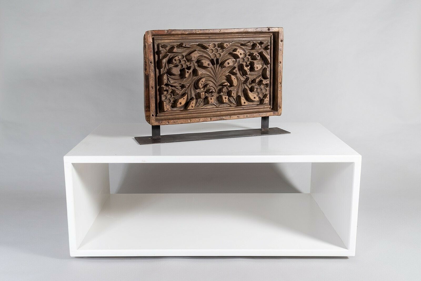 Mid Century Large Scale Carved Sculptural Wooden Shelf Art On Steel Base photo furniture