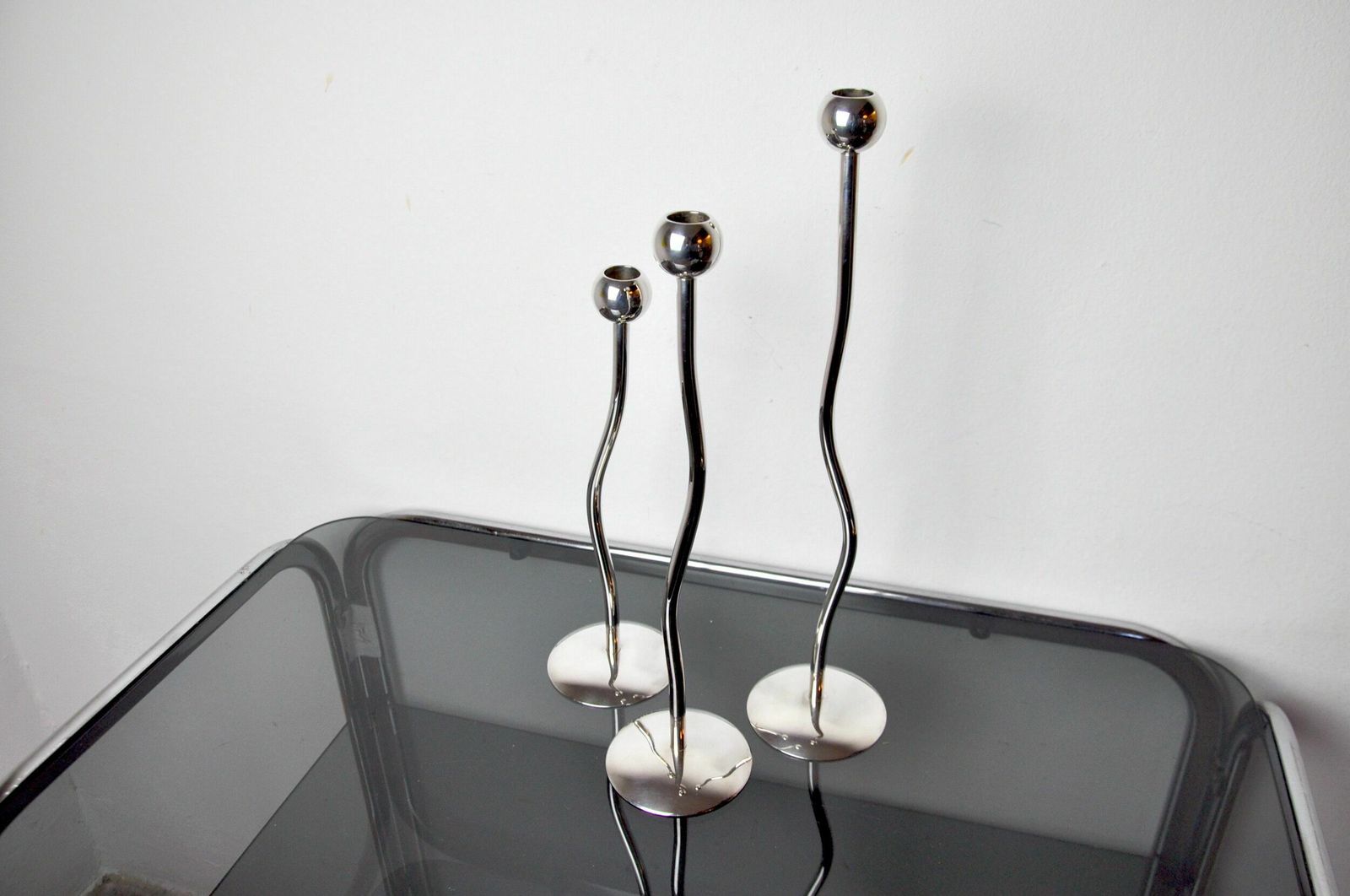 Trio Of Silver Metal Candlesticks From Mesa, Italy, 1980s photo for sale