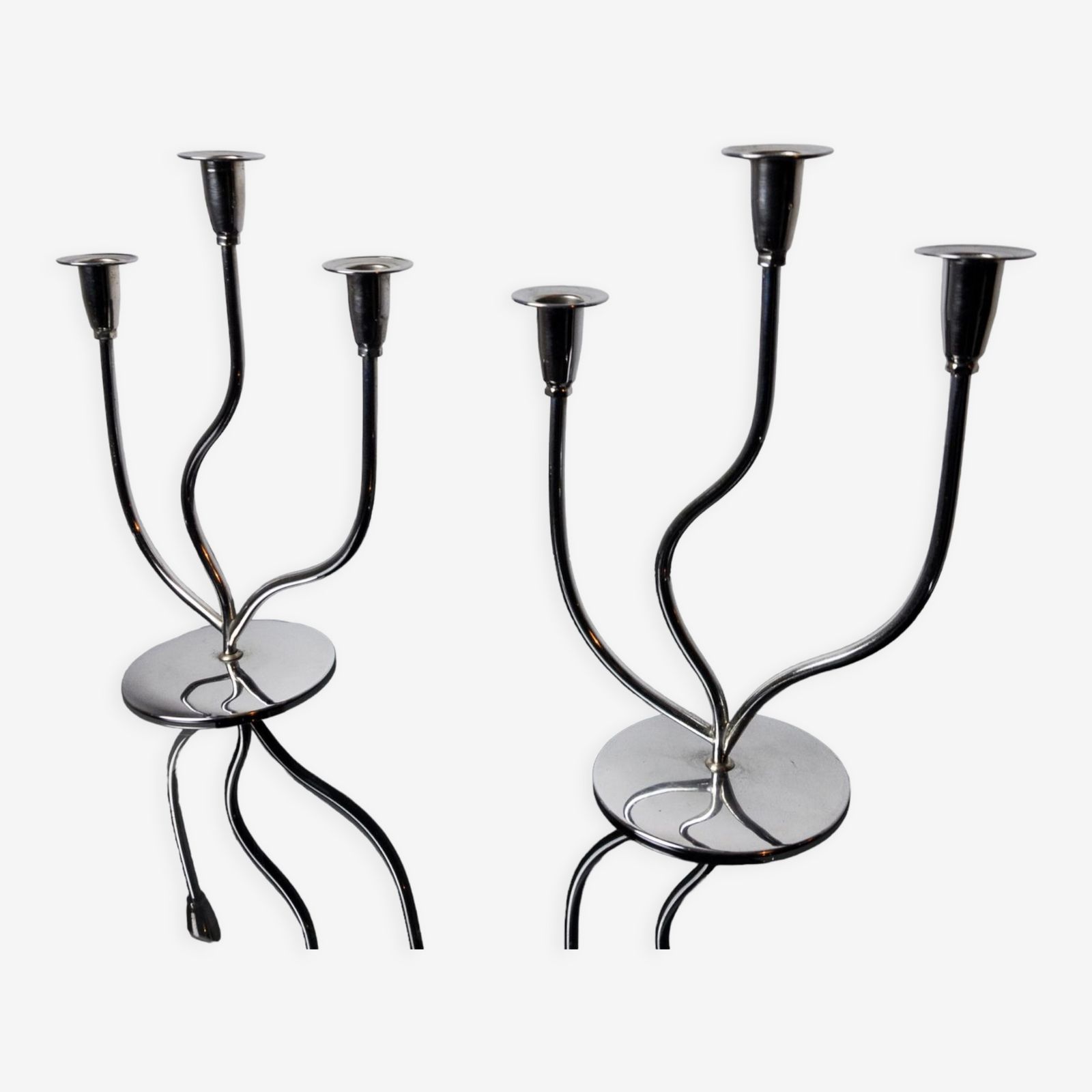 photo furniture Pair Of Art Deco Candlesticks In Stainless Steel 3 Flames, Spain, 1970