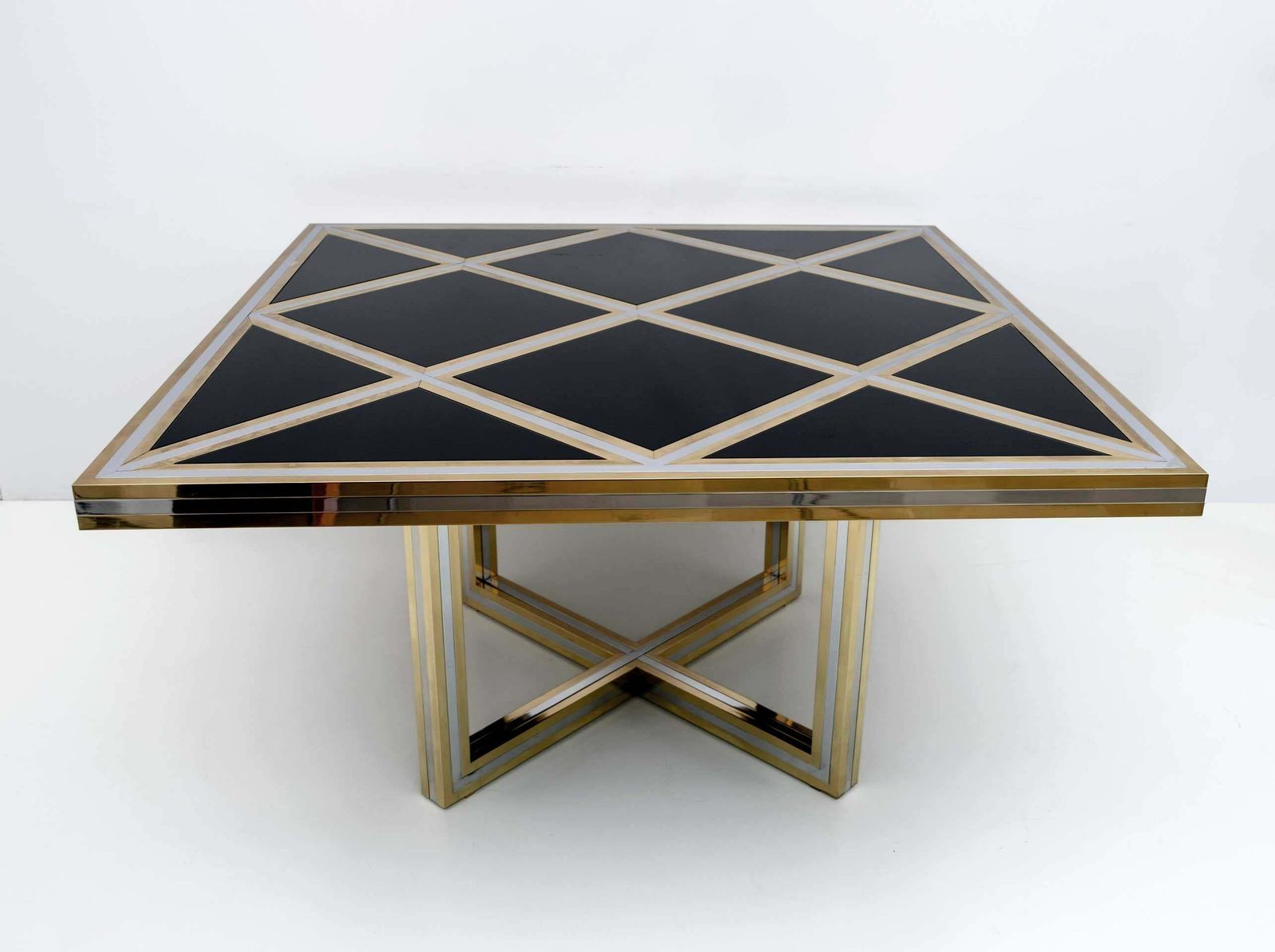 Romeo Rega Mid Century Modern Italian Black Glass, Brass And Chrome Dining Table photo furniture