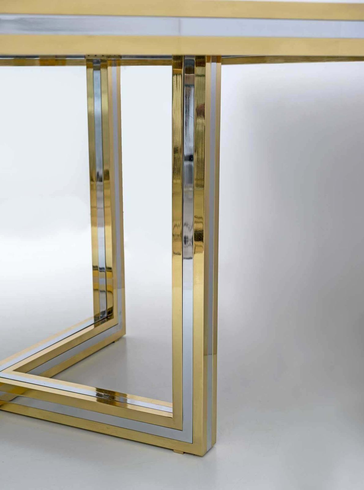 photo for sale Romeo Rega Mid Century Modern Italian Black Glass, Brass And Chrome Dining Table