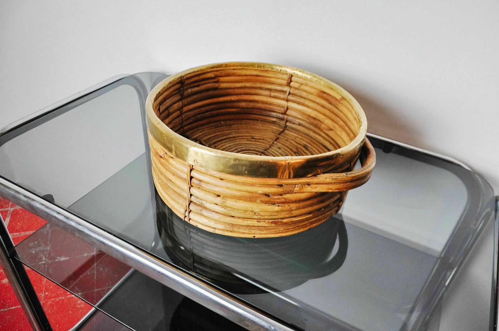 Rattan And Brass Basket, Italy, 1970s photo for sale