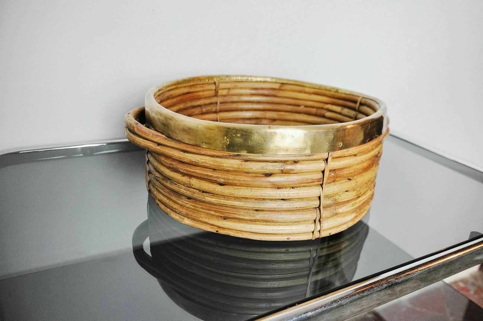 Rattan And Brass Basket, Italy, 1970s photo Home Decor
