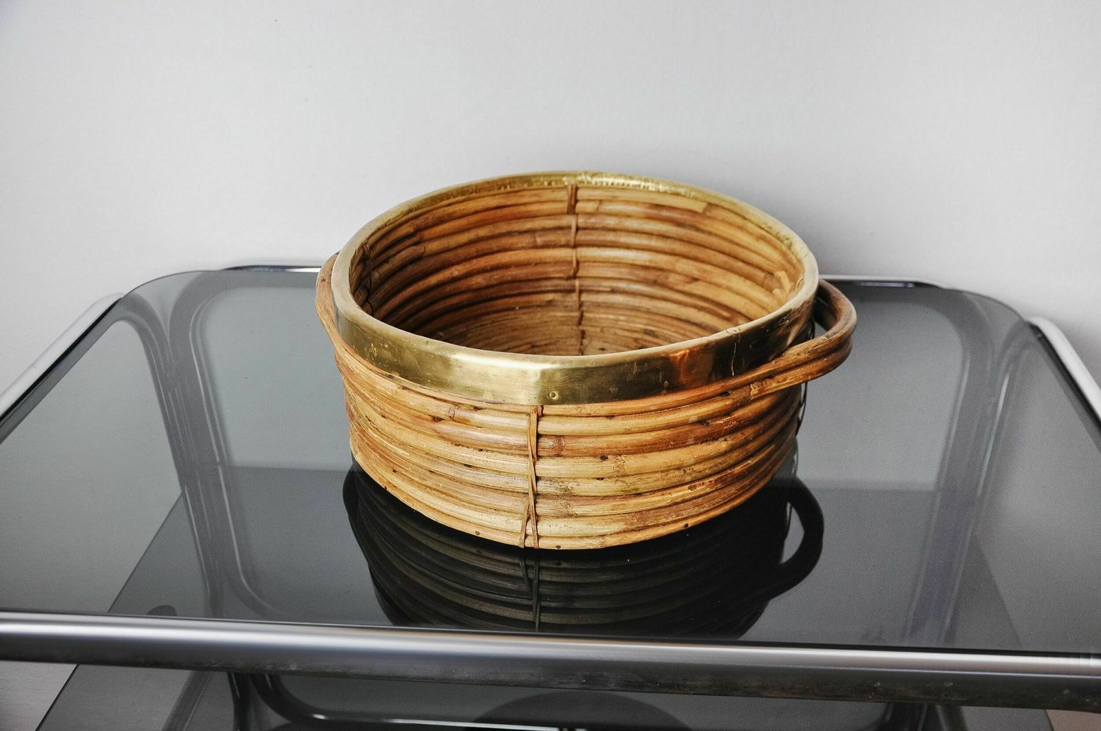 Rattan And Brass Basket, Italy, 1970s photo vintage