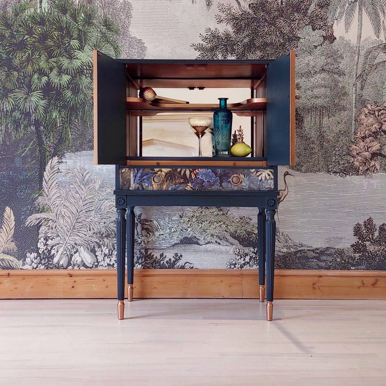 Vintage Decoupaged Drinks Cabinet, Gin Cocktail Bar, Herons Print photo furniture