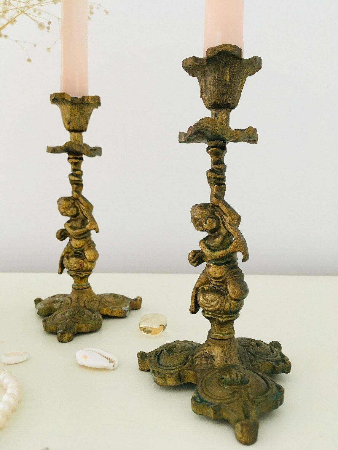 Pair Of Vintage French Cherub Brass Candle Holders photo Home Decor