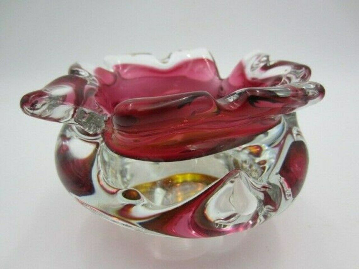 Hand Made Czech Pink And Golden Amber Murano Sommerso Style Art Glass Bowl photo furniture