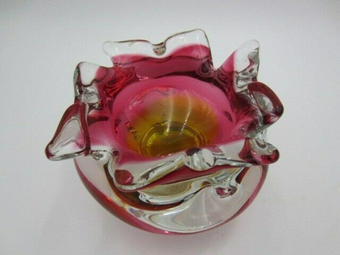 Hand Made Czech Pink And Golden Amber Murano Sommerso Style Art Glass Bowl photo for sale